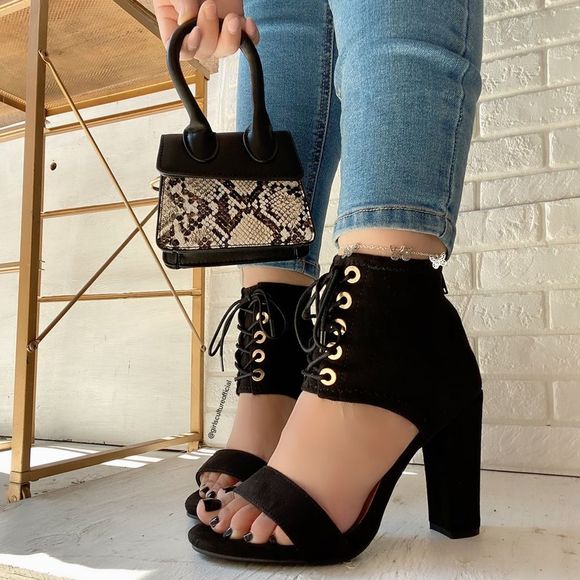 Black Corset Strap Block Heel - Picture 2 of 7